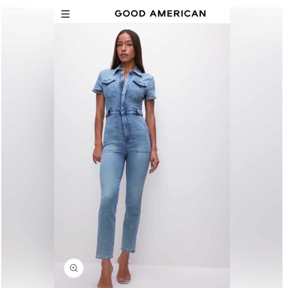 Good American Fit For Success Jumpsuit Size S Blue Denim Short Sleeve Zip Front